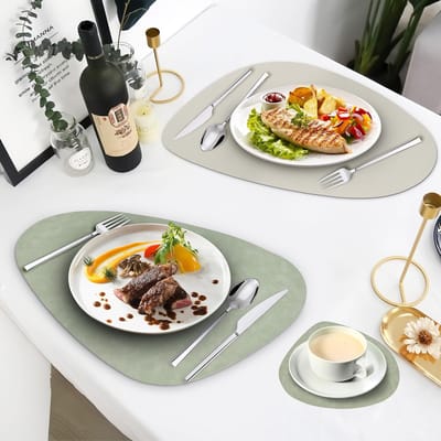 Candala Placemats en Onderzetters Sets van 6, Ronde PU Lederen Tafelmatten Dubbelezijdige Plaatsmatten Warmtebestendige Waterdichte Wasbare Anti-slip Placemats (Groen Ivoorwit)