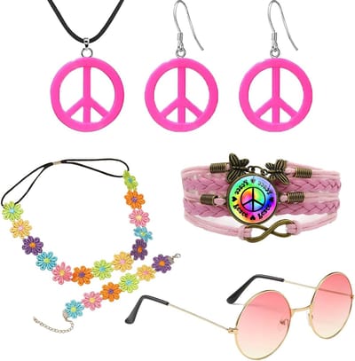 Hippie Kostuum Set 6 Stuks met 70s Accessoires, Roze Zonnebril, Vredesteken Ketting, Oorbellen en Armbanden voor Bohemian Feest en Halloween Thema Party