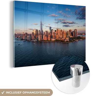 MuchoWow® Glasschilderij 60x40 cm - Schilderij acrylglas - New York - Skyline - Boot - Foto op glas - Schilderijen