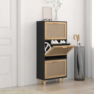 vidaXL - Schoenenkast - 52x25x115 - cm - bewerkt - hout - en - rattan - zwart