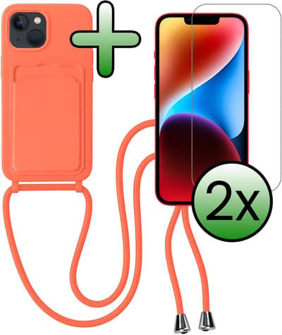 Hoes Geschikt voor iPhone 13 Hoesje Pas Houder Case Hoes Met Koord Met 2x Screenprotector - Hoesje Geschikt voor iPhone 13 Hoes Met Telefoonkoord Pasjeshouder Cover - Papaya