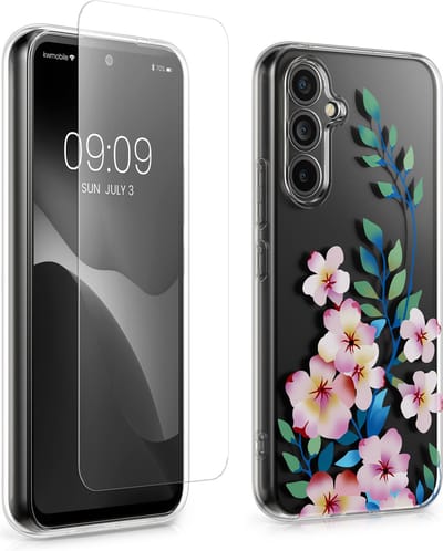 kwmobile telefoonhoesje geschikt voor Samsung Galaxy A54 5G hoes - Telefoonhoesje voor smartphone - Telefoon cover - Met glazen schermbeschermer - Kleurrijke kersenbloesem design