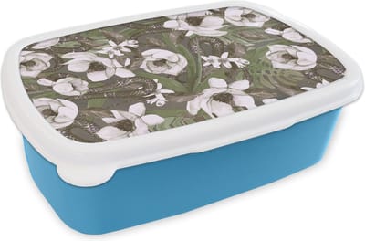 Broodtrommel Blauw - Lunchbox - Brooddoos - Bloemen - Jungle - Vintage - Patroon - 18x12x6 cm - Kinderen - Jongen