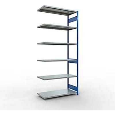 Schulte Lagertechnik MULTIplus 250 boutloos rekkensysteem, boutloze aanbouwstelling, lengte bout, 3000x1300x600 mm, 7 legborden, gentiaanblauw/verzinkt