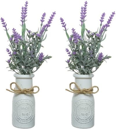 Lavendel kunstplant - 2x stuks - in witte pot - lila paars - H32 cm - lavandula