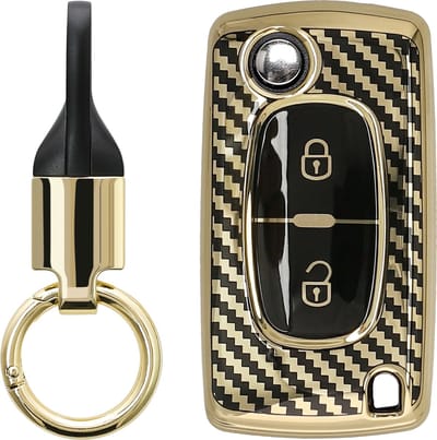 kwmobile autosleutel hoesje met sleutelring - geschikt voor Peugeot Citroen 2-knops inklapbare autosleutel hoesje - Sleutel case met sleutelhanger - Metallic Carbon design in goud / zwart