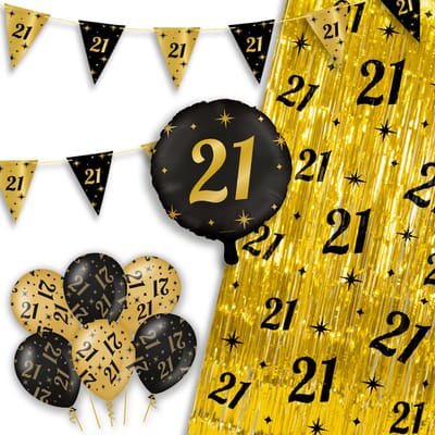 LUQ – Party Essentials 21 Jaar – Zwart-Goud Verjaardag Feest Versiering – Luxe Ballonnen-Slingers-Vlaggenlijn-Gordijn