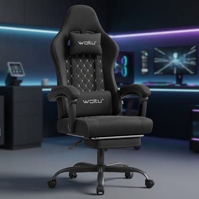 Ergonomische Gamingstoel met Massagefunctie, Lendensteun & Voetensteun – Draaibare Bureaustoel met Pocketvering, Ademend Tech-Stof, 150 kg Belastbaar, Verstelbaar (Zwart/Wit)Mobili Bella