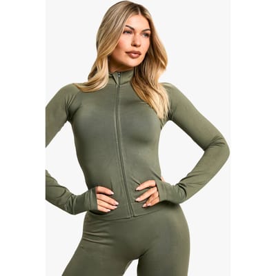 boohoo Dames Premium Sculpt Naadloze Zip Sportsjas | Khaki | Maat: Small