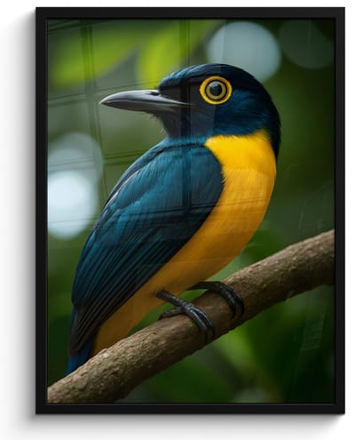 Poster in lijst - Fotolijst 50x70 cm - Posters - Vogel - Tak - Geel - Bladeren - Posterlijst zwart - Decoratie - Wanddecoratie woonkamer - Muurdecoratie slaapkamer