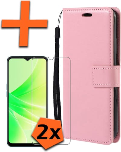 Hoes - Met 2x Screenprotector - Geschikt voor OPPO A17 - Luxe Pasjeshouder - Bookcase Portemonee - Flip Case - Kunstleer Book Case - Flipcase Hoes - Book Cover - Walletcase - PortemonneeHoes - Lichtroze