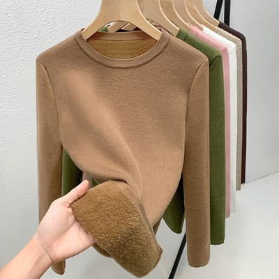 Pull de base tricoté Pull pour femme Chaude couche intérieure avec polaire épaissie Haut en polaire une pièce 3XL marron