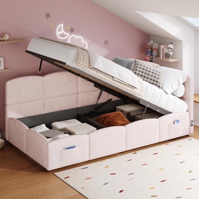 Pugsdrly Gestoffeerd bed, kinderbed, eenpersoonsbed, bed met opbergruimte, slaapbank 90x200 cm, met lattenbodem, USB-oplader, opbergtas, tienerbed en bed voor volwassen kinderen, fluweel, roze (zonder matras)