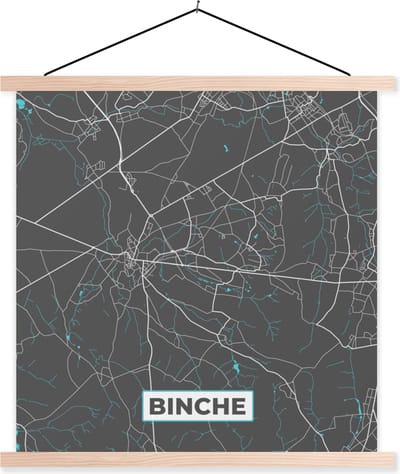 Posterhanger incl. Poster 40x40 cm - Schoolplaat - Plattegrond – Binche – Blauw – Stadskaart - Kaart - Textielposter - Blanke latten - Stadskaart
