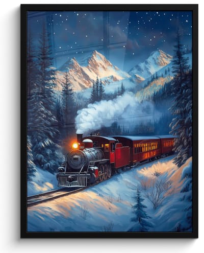 Poster in lijst - Fotolijst 50x70 cm - Posters - Trein - Kerst - Sneeuw - Kersttrein - Posterlijst zwart - Decoratie - Wanddecoratie woonkamer - Kerstdecoratie voor binnen - Kerstversiering - Kerstmis versiering in huis - Kerstaccessoires