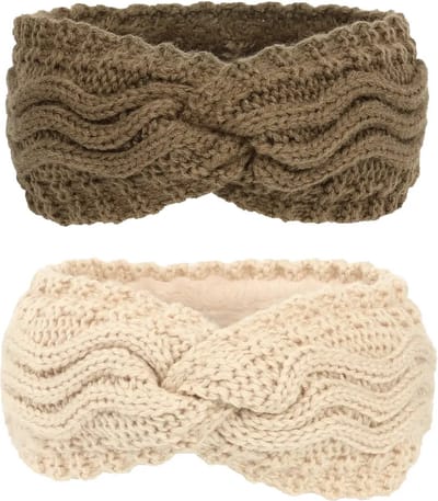 Kabelgebreide Dames Winter Oorwarmers – Knoop & Fleece Voering – Bruin & Beige
