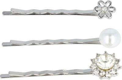Haarsoires Haarspeld Schuifspeldjes 5cm - Bloem Parel Strass - Zilver - Set van 3 - Haarklem - Haarclip - Haaraccessoires voor Dames & Kinderen - Hair Clip - Decoratieve Haaraccessoire