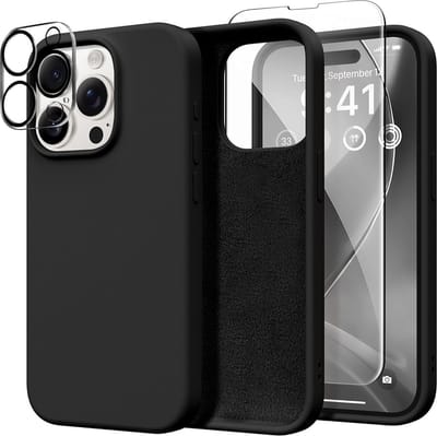 Stravo Siliconen Hoesje geschikt voor iPhone 15 Pro , Zwart, Met 1X Screenprotector + 1X Cameralensbeschermer, [Zachte Krasbestendige Microvezelvoering], Vloeibare Siliconen Schokbestendige Beschermende Telefoonhoes 6.1"