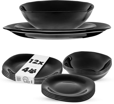 KADAX servies voor 4 personen, 12-delig, servies met soepbord, dessertbord en dinerbord, serviesgoed, servies, bordservies (zwart)