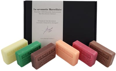 6x Savon de Marseille geschenk zeep set, Chocolade, Vanille, Menthe, Vigne Rouge, Sinaasappelbloesem, Mimosa 6x125 gr. brievenbus cadeau