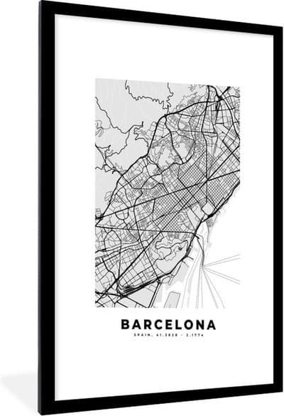 Fotolijst incl. Poster Zwart Wit- Barcelona - Stadskaart - Plattegrond - Zwart Wit - Kaart - 60x90 cm - Posterlijst