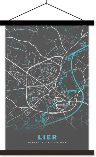 Posterhanger incl. Poster 40x60 cm - Schoolplaat - Plattegrond – Lier – Blauw – Stadskaart - Kaart - België - Textielposter - Zwarte latten - Stadskaart