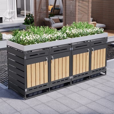 OKWISH Afvalcontainerombouw – Met Plantenbak – 4 Vakken – IJzer – Zwart – Ventilerend En Afsluitbaar Voor Tuin En Terras