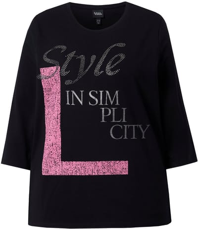 Ulla Popken - Dames - Shirt sierstenen klassiek ronde hals 3/4-mouwen - Zwart - Maat 42+