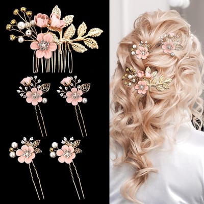 5 Stuks Roze Bloem Haarspelden voor Bruidskapsels - Vintage Haaraccessoires met Kristallen en Parels voor Bruiden en Bruidsmeisjes