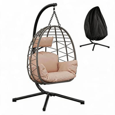HOERFURIY Hangstoel Buiten met Standaard Metalen, tot 150 kg–Opvouwbare Hangstoelen Egg Hangstoel–Incl. Dikker Zitkussen en Regenhoes–Tuinmeubelen voor de Tuin, Terras en de Slaapkamer, 105 × 105 × 196 cm - Beige