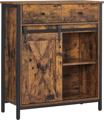 Industriële Ladekast Rustiek Bruin – 2 Lades & Deur – Stalen Frame – Verstelbare Planken – Schuifdeur – Commode Loft-Stijl – Voor Woonkamer, Slaapkamer, Hal of Kantoor