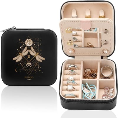Gepersonaliseerde Sieradendoos met Spiegel, Compacte Reisoplossing voor Sieraden, Draagbare Organizer voor Verjaardag, Valentijnsdag en Moederdag met Sterrenbeeld Thema