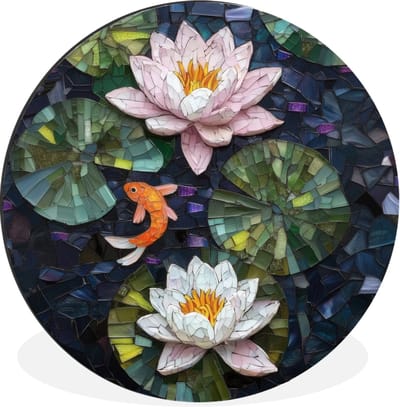 WallCircle - Wandcirkel - Muurcirkel - Glasstukjes - Leliebladeren - Vis - Oranje - Aluminium - Dibond - 30x30 cm - Binnen en Buiten