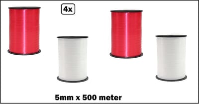 4x Krul lint wit en rood 5mm x 500m - krul lint kerst thema feest decoratie kado kadolint verjaardag