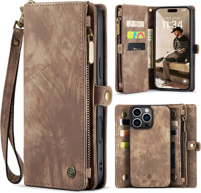 Geschikt Voor iPhone 16 Pro Hoesje - Solidenz Wallet Case 16 Pro - Telefoonhoesje 16 Pro - 16 Pro Case Met Pasjeshouder - Met Ritsvak - Met Polskoord - Portemonee Hoes - Bruin