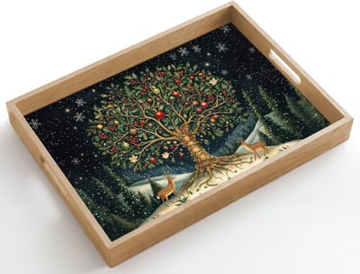 Dienblad hout 50x35 cm - Schootdienblad - Feestboom - Winterhemel - Kleurrijk - Borrelplank rechthoek - Plateau dienbladen