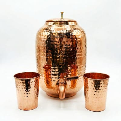 waterdispenser, 4 liter, met 2 bekers, 99,99% puur koper, geen binnencoating, lekvrije kraan, brede opening, handgemaakt, ayurvedisch, antimicrobieel, milieuvriendelijk