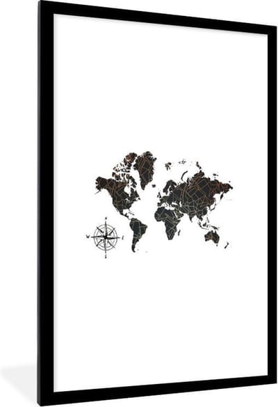 Poster in lijst - Fotolijst 60x90 cm - Posters - Wereldkaart - Brons - Kompas - Posterlijst zwart - Decoratie - Wanddecoratie woonkamer - Muurdecoratie slaapkamer
