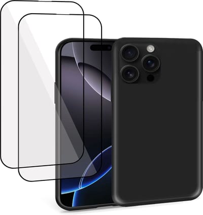 Geschikt voor Apple iPhone 16 Pro - Hoesje + 2x Screenprotector – Full Cover Gehard Glas – Suède Back Cover Case Zwart