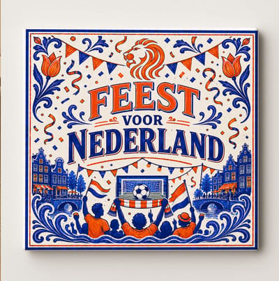 Decoratieve Keramische Wandtegel – “Feest voor Nederland” Nederlandse Feestdesign – Oranje Voetbalfans Grachten Scene – Nederland Vintage Stijl Huisdecoratie – Keuken & Badkamer Cadeautegel