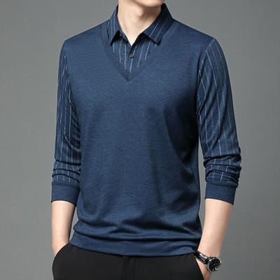 Herfst Nieuwe Heren T-shirt met Lange Mouwen Fake Tweedelig Middenleeftijd en Oudere Casual Papa Kleding Gestreept Genaaid Onderhemd XXXXL