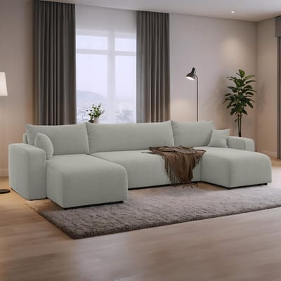 U-bank met opbergruimte Romee - Universeel - Teddy stof - Grijs - Slaapbank met opbergruimte - Lounge Links of Rechts - Direct Leverbaar - U-zetel - Chaise longue - Zetel met slaapgedeelte - 4 zits - Zitcomfort Medium
