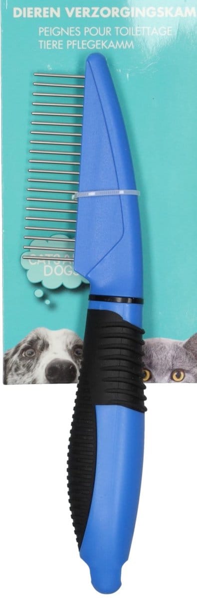 dieren verzorgingskam - hondenkam - kam voor kat en hond - fijne tanden metaal - softgrip blauw
