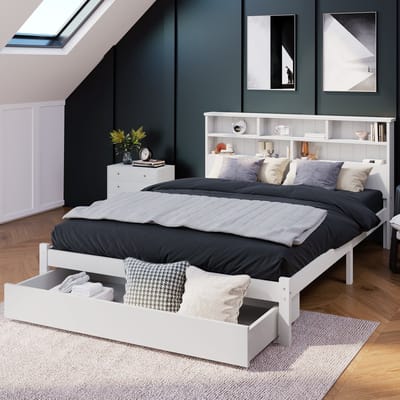 Wishdor – Massief Houten Tweepersoonsbed 140x200 cm – Met Lade & Hoofdbord Boekenkast – Compleet & Slim – Wit