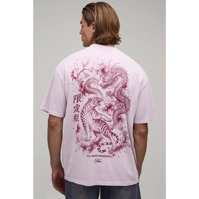 Oversized Tijger En Draak Grafisch Gewassen T-shirt | Pink | Size Large