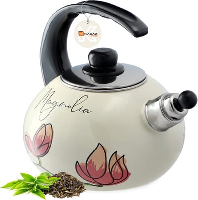 KADAX Waterkoker, roestvrijstalen waterkoker, 2,2 liter, fluitketel, waterkoker voor inductie en gasfornuis, theeketel, emaille waterkoker, retro waterkoker met fluitje (rode bloemen)