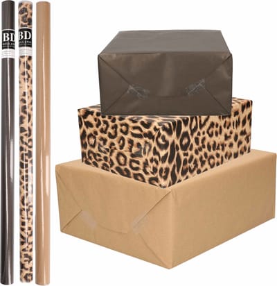 6x Rollen kraft inpakpapier/kaftpapier pakket bruin/zwart/panterprint 200 x 70 cm/cadeaupapier/verzendpapier/kaftpapier