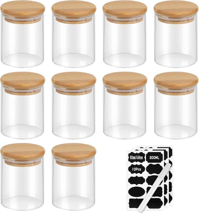Thijox - Set van 10 Luchtdichte Glazen Potten 200 ml met Bamboe Deksel, 8,8 x 6,5 x 6,5 cm, Perfect voor Keuken, Kruidenset, Opbergpot voor Granen en