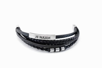 Armband met graveer, Armband met naam, Armband met gravure zwart - gevlochten band - magnetische sluiting - RVS plaat - 20 cm, Armband met naamplaatje ,graveerarmband