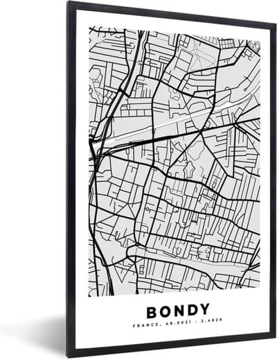 Fotolijst incl. Poster - Plattegrond - Bondy - Stadskaart - Kaart - Frankrijk - 40x60 cm - Posterlijst